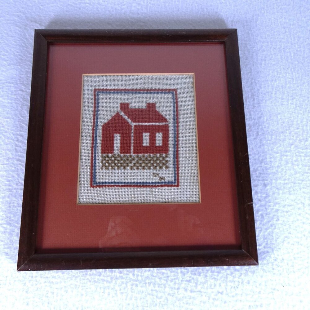 Vintage Needlepoint Country House Framed Art Cottagecore Farmhouse